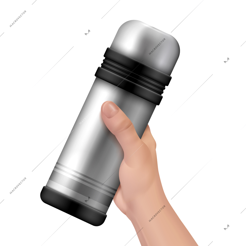 Realistic thermos hand concept closed silver thermos in hand on white background vector illustration