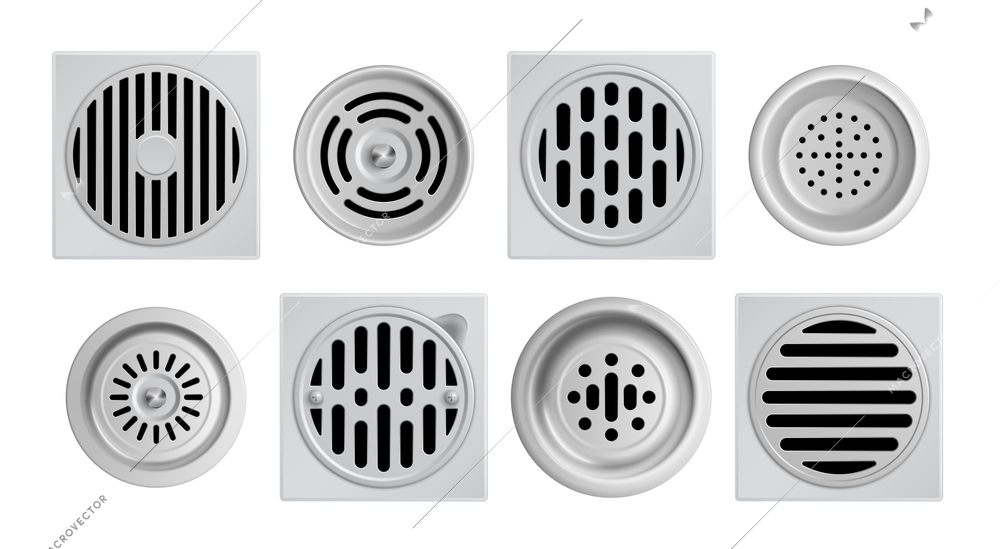 Realistic metal drainage grates icon set eight different drains with large and small water holes vector illustration