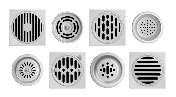 Realistic metal drainage grates icon set eight different drains with large and small water holes vector illustration