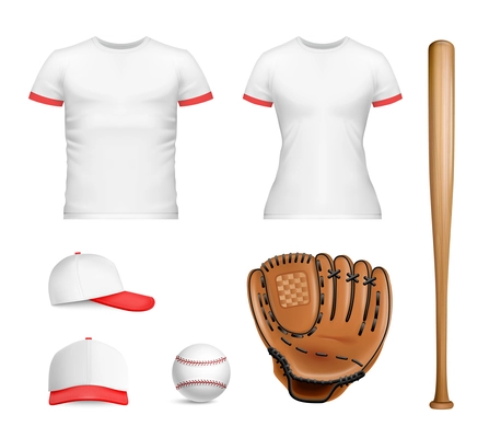 Realistic sport baseball mockup icon set womens and mens t shirt baseball glove baseball and bat vector illustration