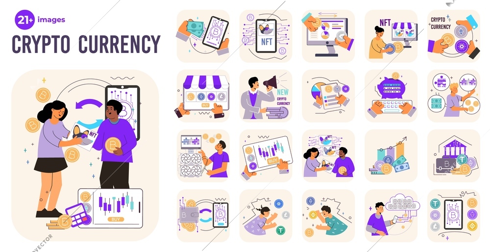 Cryptocurrency transactions flat compositions collection with stocks graphs money gadgets and doodle human characters with text vector illustration