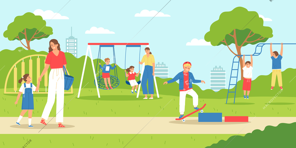 Children parents playground composition playground in the park where children can skateboard walk and swing vector illustration