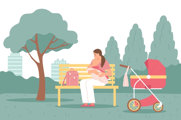 Breastfeeding outdoor colored composition young mother breastfeeding her baby on park bench vector illustration