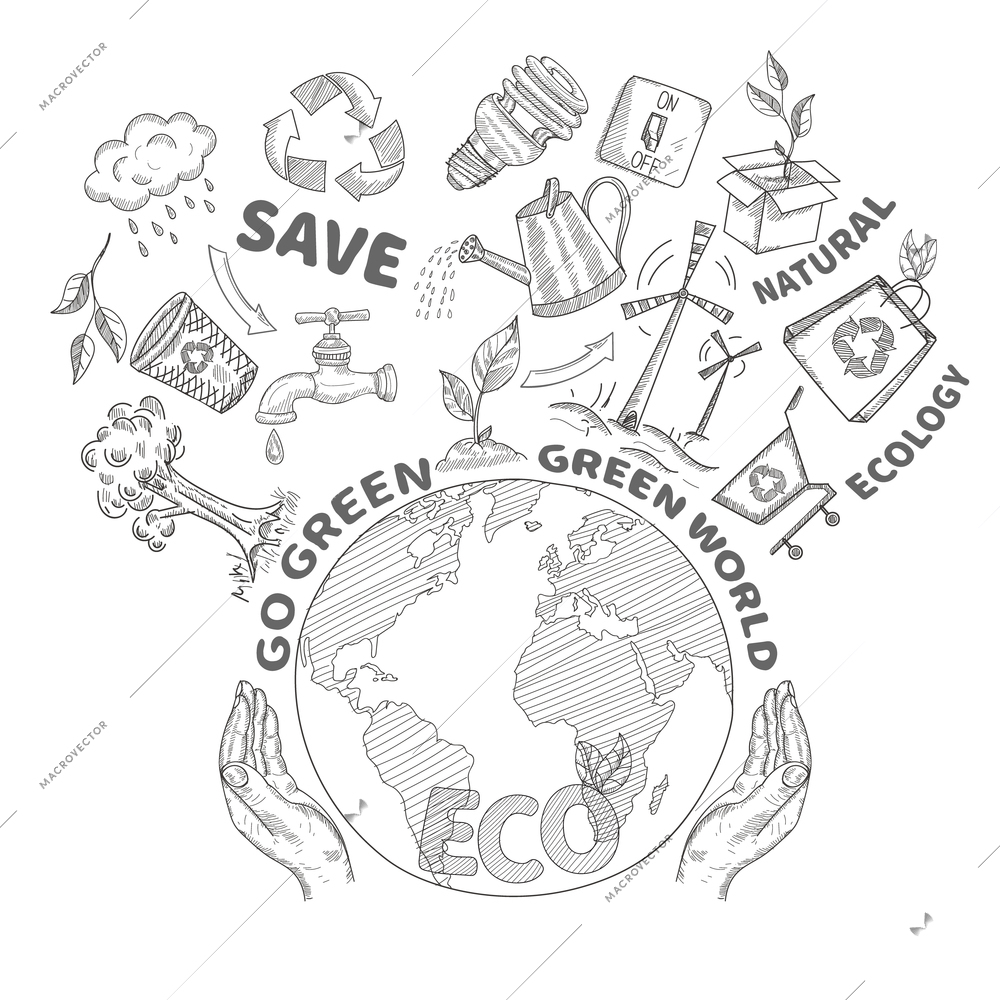 Hands holding and protecting globe environment conservation and ecology concept doodle vector illustration
