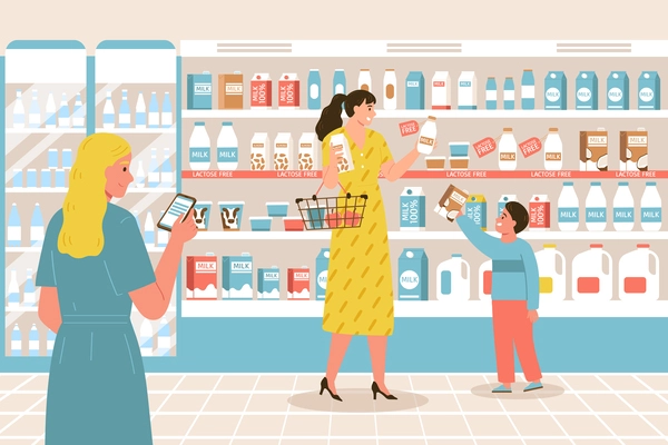 Food allergy supermarket composition woman and her baby in store in the milk department choose lactose free vector illustration