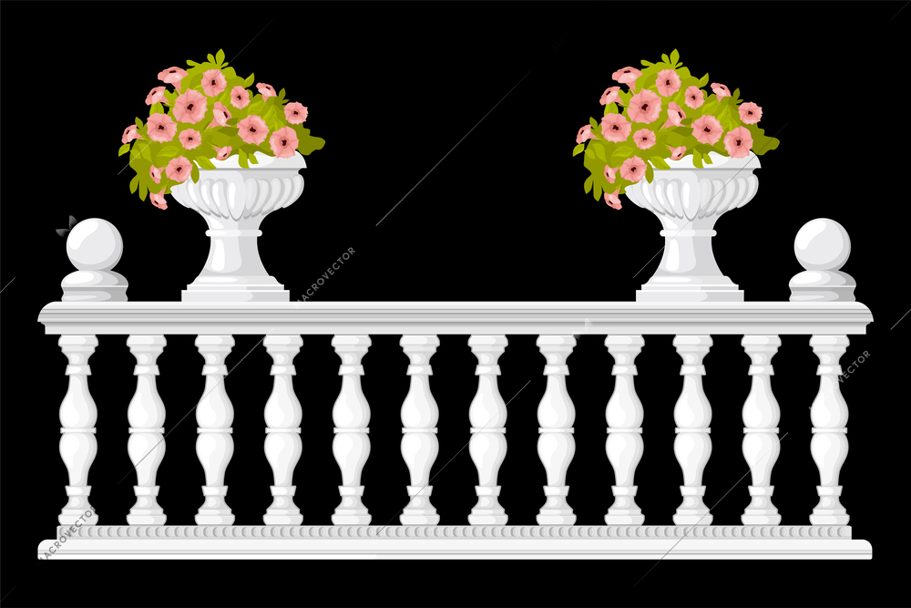 Balusters vase flowers composition with isolated view of medieval style fence with pots on black background vector illustration