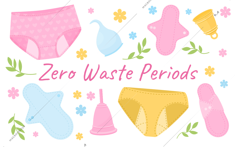 Menstruation period hygiene flat set with isolated icons of feminine pads menstrual cups panties and text vector illustration