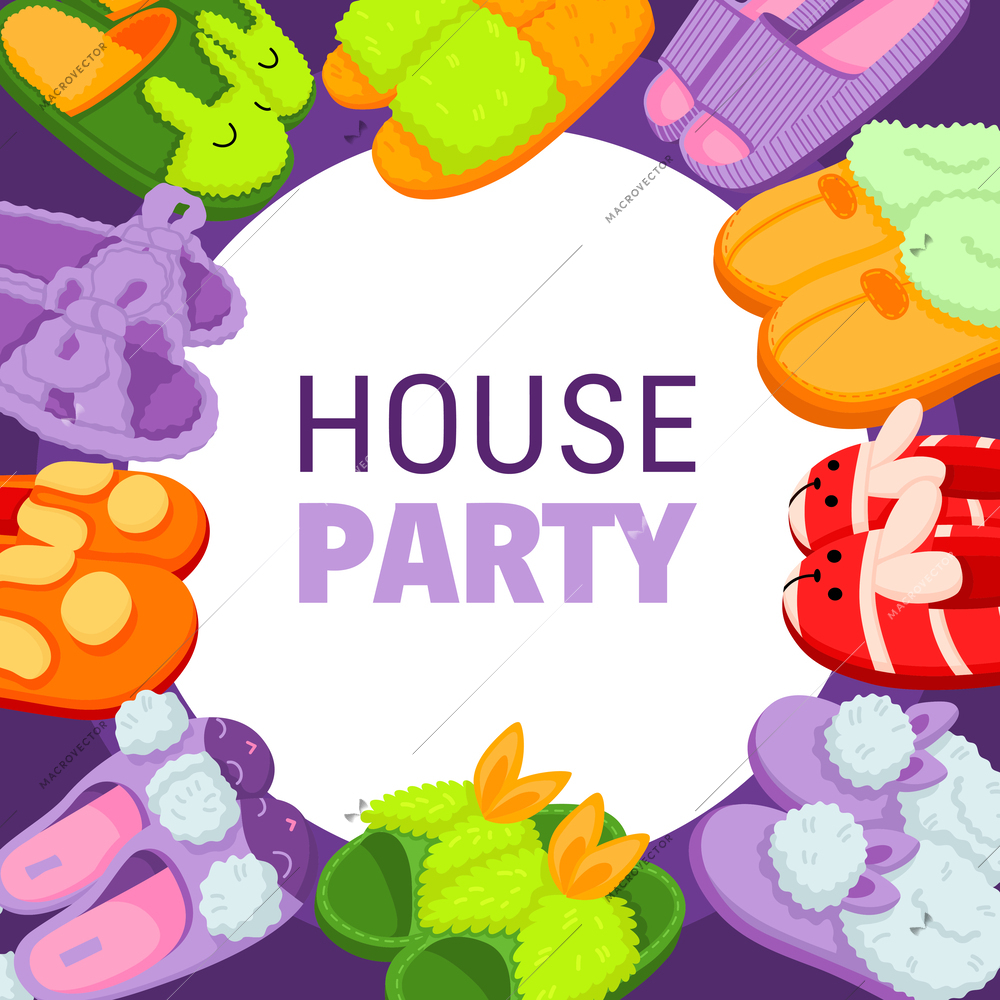 House pyjamas party flat round frame with colorful pairs of fluffy soft slippers vector illustration