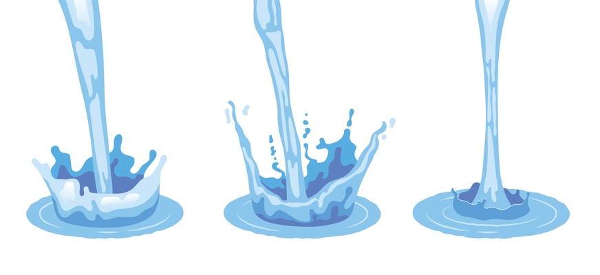 Three isolated light blue realistic pouring water splashes flat colored icon set vector illustration