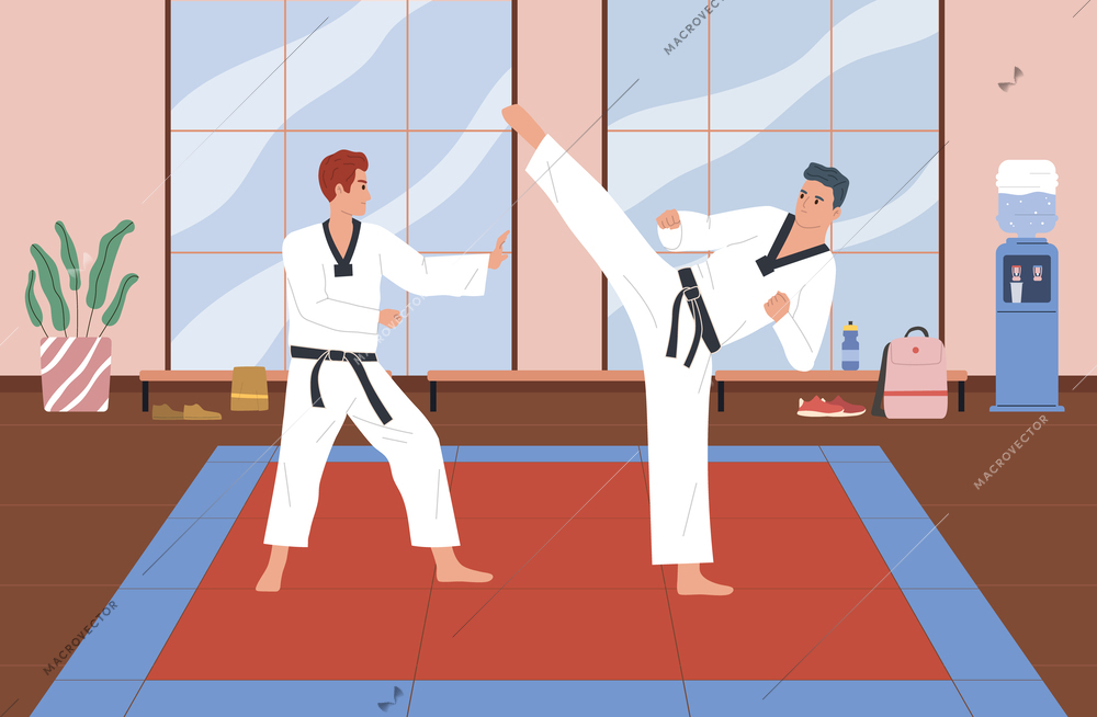 Fighters flat icon set two athletes in white coats with black belts fight vector illustration