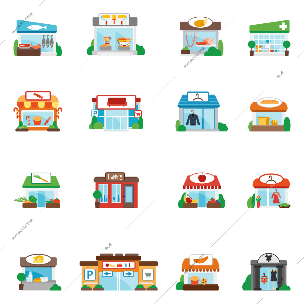 Store and shop buildings commercial restaurants flat icons set isolated vector illustration