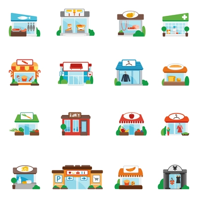 Store and shop buildings commercial restaurants flat icons set isolated vector illustration