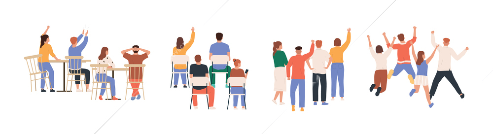 Cheering people back flat icon set groups of people standing and sitting view from the back vector illustration