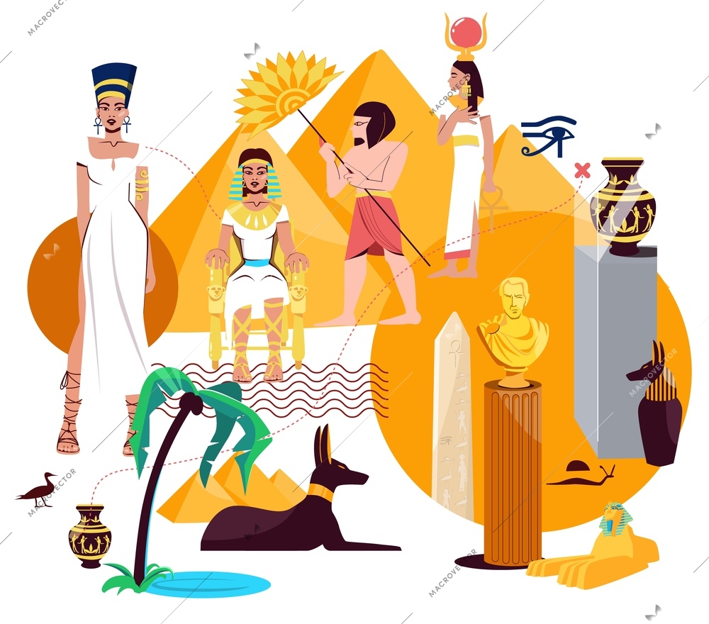 Cleopatra flat collage with pharaoh figure egyptian gods cultural items color vector illustration