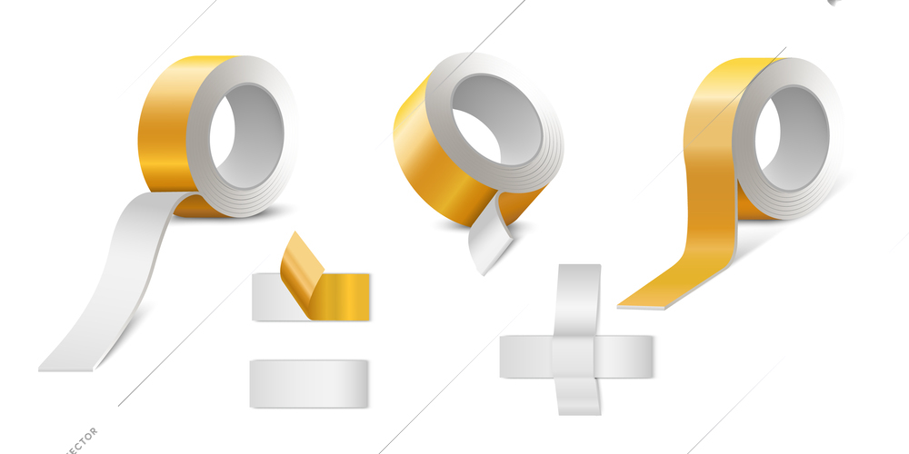 Set with isolated duct tape mockup realistic images of double sided sticky tape and glued pieces vector illustration