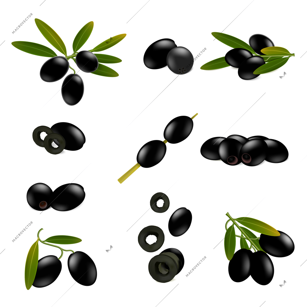 Black olives realistic set with isolated images of olives with buds leaves sliced and on stick vector illustration