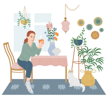 Lagom life flat composition with indoor view of house room with hanging plants cat and woman vector illustration