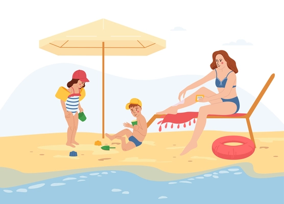 Sun protection flat composition with outdoor landscape of sandy beach with characters of children and mother vector illustration