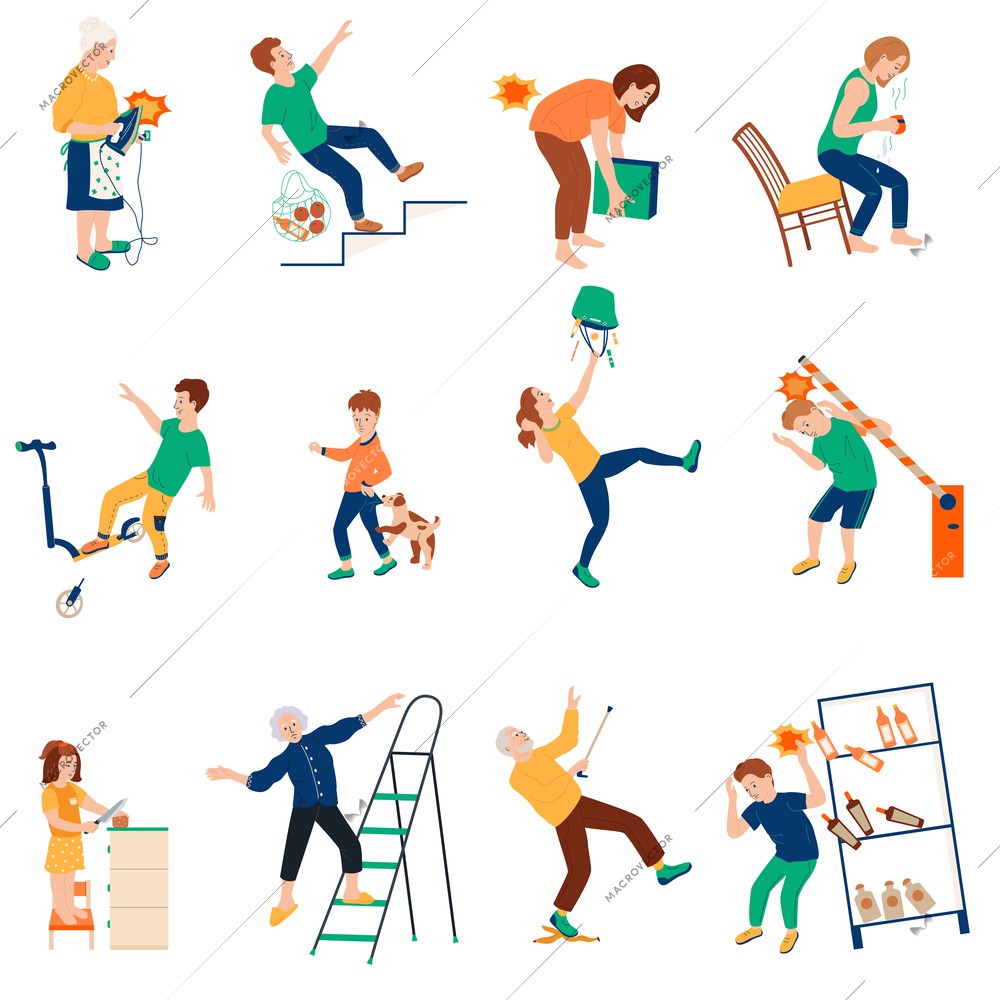 Household injuries flat set of isolated icons with characters of people getting civilian traumas at home vector illustration