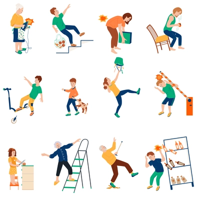 Household injuries flat set of isolated icons with characters of people getting civilian traumas at home vector illustration