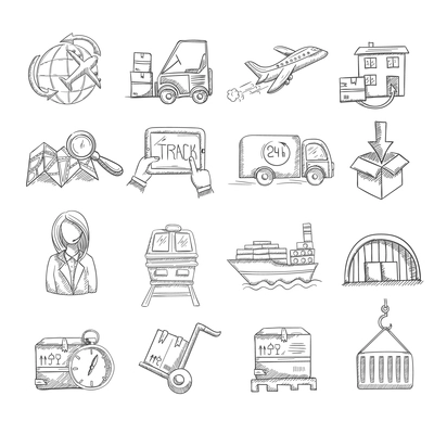 Logistics and delivery service business sketch decorative icons set isolated vector illustration