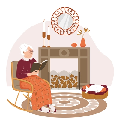Hugge lifestyle flat background composition with indoor view of old woman reading book on rocking chair vector illustration