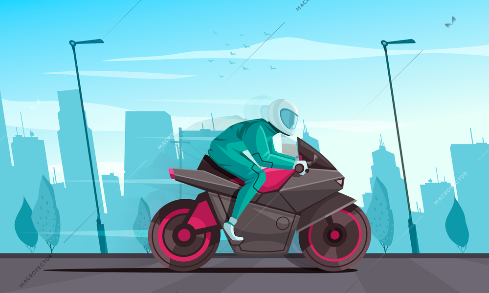 Motorcycle cartoon poster with biker in sport clothing riding a bike vector illustration