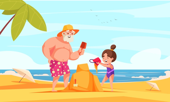 Senior relatives poster with grandfather and child playing on seashore cartoon vector illustration