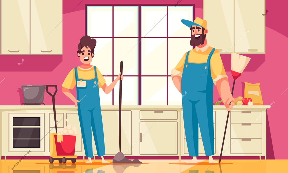 Teenager work cartoon poster with young man cleaning kitchen floor vector illustration