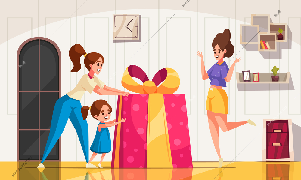 Holiday present giving scene with girl making a gift to mom vector illustration