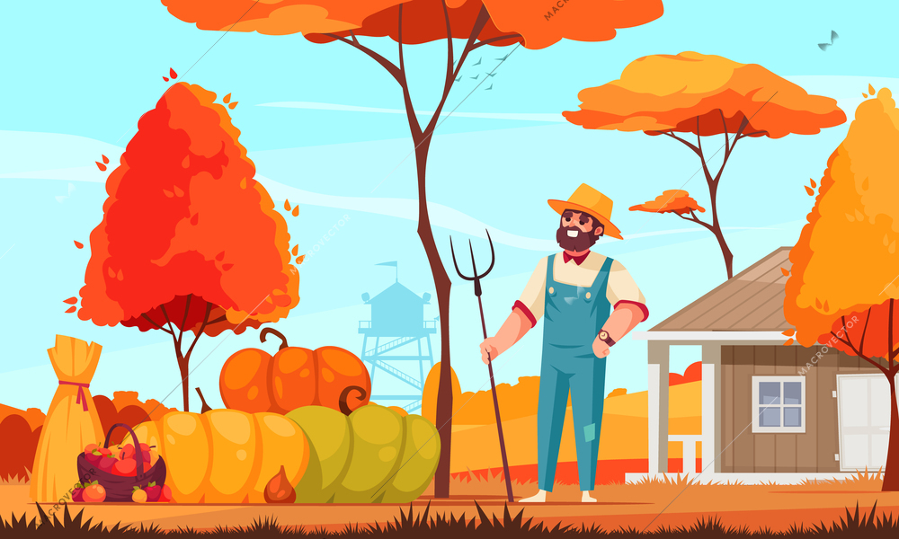 Autumn scene with happy farmer and his harvest cartoon vector illustration