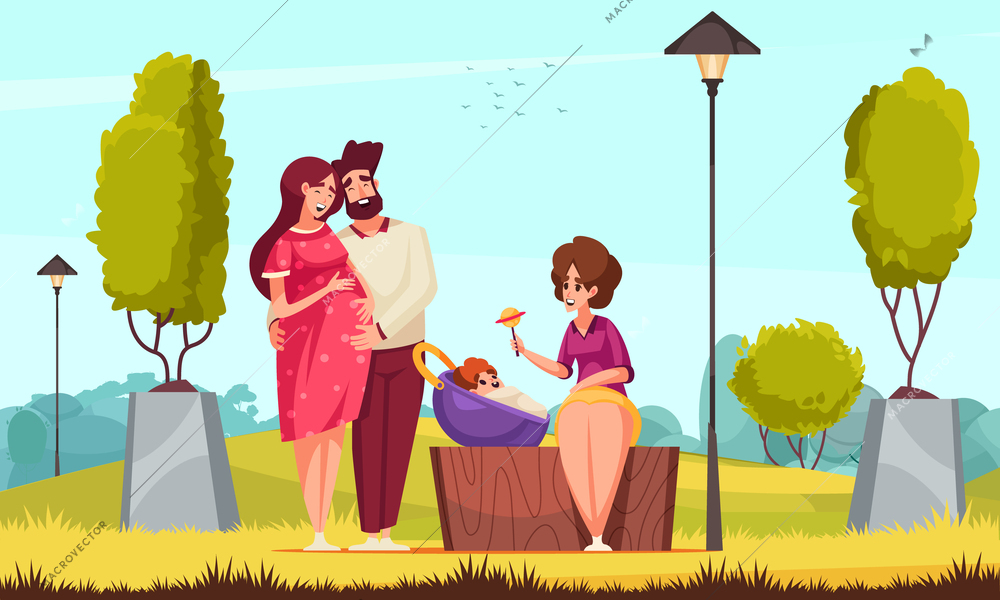 Pregnancy and maternity scene with pregnant woman and happy mother with newborn baby cartoon vector illustration