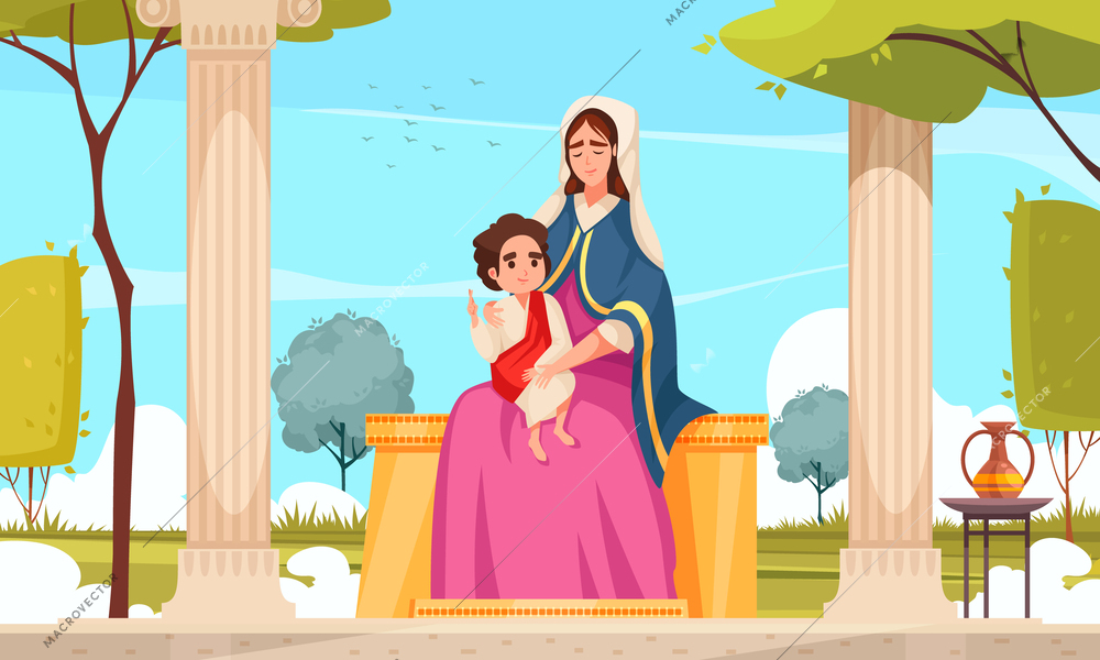 Virgin Mary holding baby Jesus child Bible cartoon vector illustration