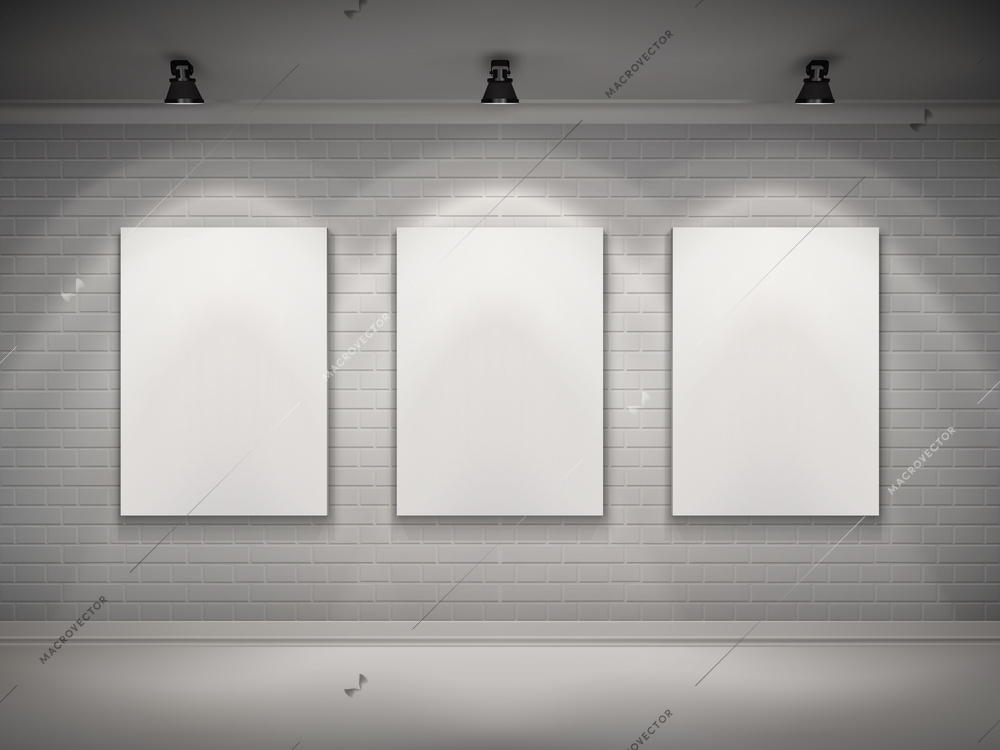 Gallery interior with blank placard set in spotlights background vector illustration