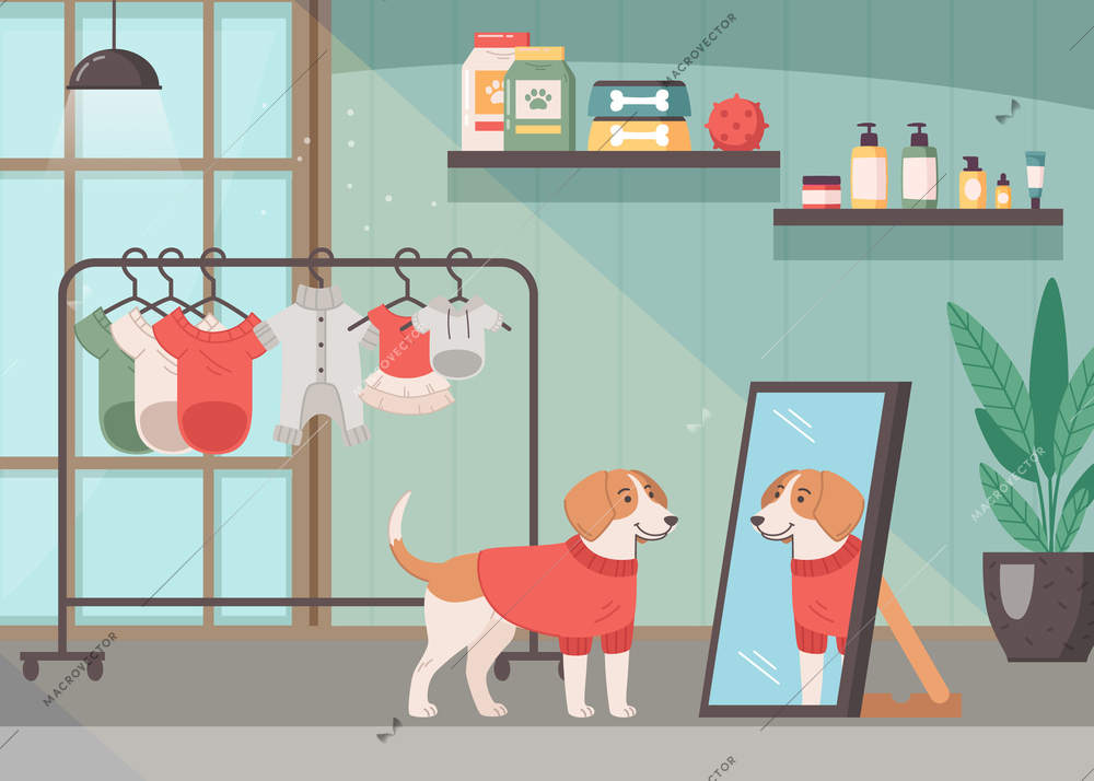 Pet services cartoon background with domestic dog looking in mirror in shop for animals vector illustration