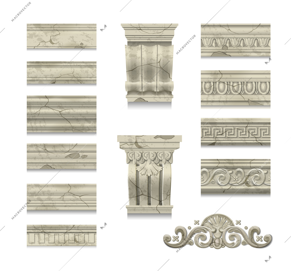 Ancient cracked marble elements of architecture decor with classic ornament isolated on white background realistic vector illustration