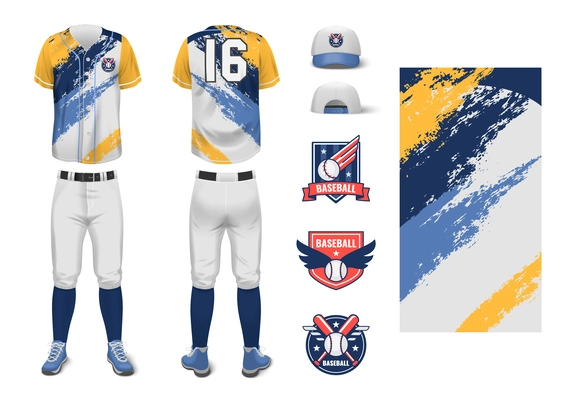 Realistic mockup of baseball sport jersey uniform with colored abstract ornament isolated vector illustration