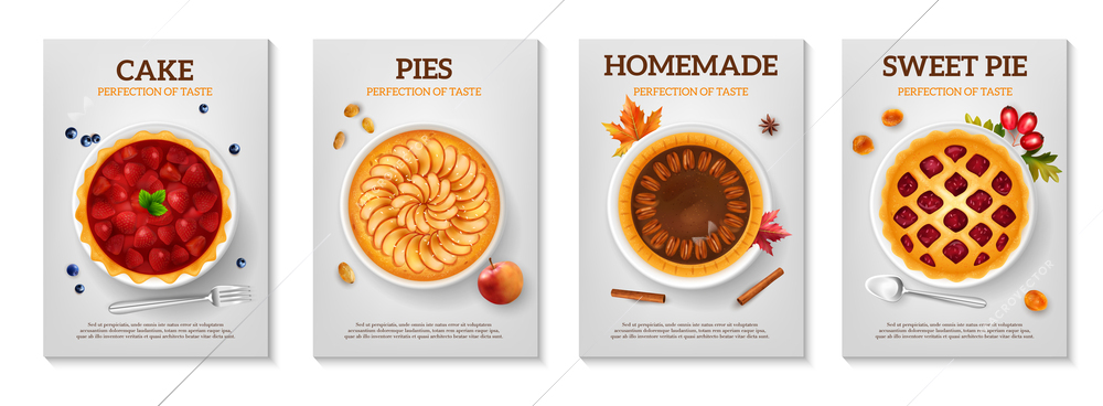 Realistic baking cakes pies set with four vertical posters with editable text and top view sweets vector illustration