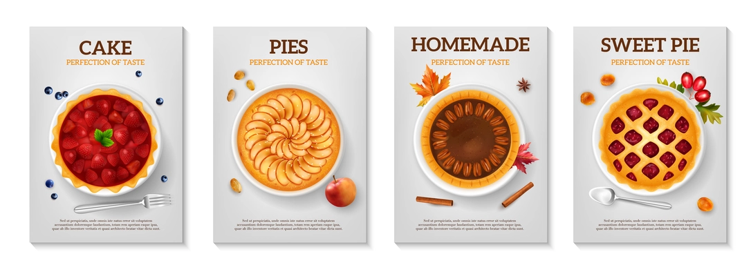 Realistic baking cakes pies set with four vertical posters with editable text and top view sweets vector illustration