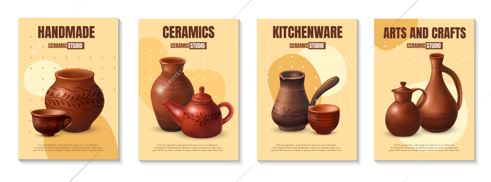 Realistic clay kitchenware poster set with four vertical compositions of editable text and dishware product images vector illustration