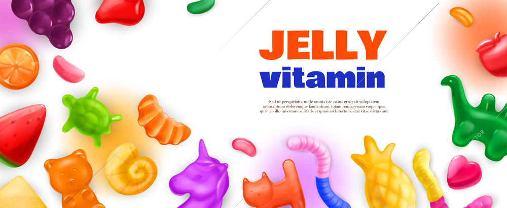 Realistic chewy jelly vitamin horizontal poster background with editable text and images of sweet chewing candies vector illustration