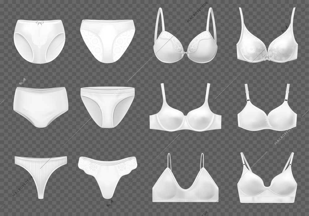 Realistic lingerie set with transparent background and isolated images of feminine underwear with panties and bra vector illustration