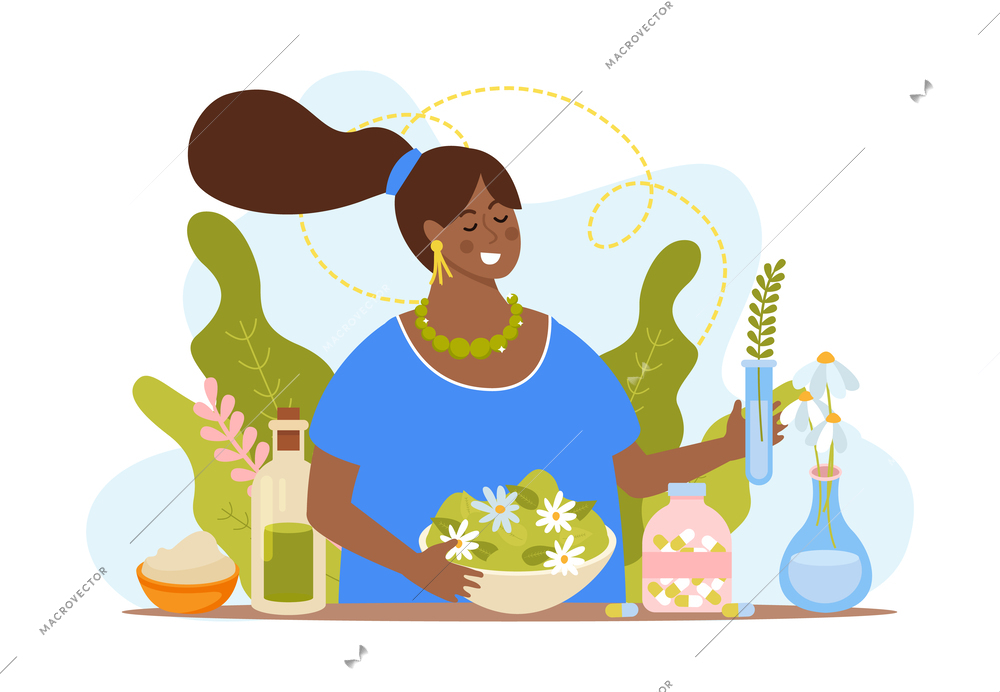 Herbal medicine flat concept with funny black woman surrounded by plants and medicines made from natural ingredients vector illustration