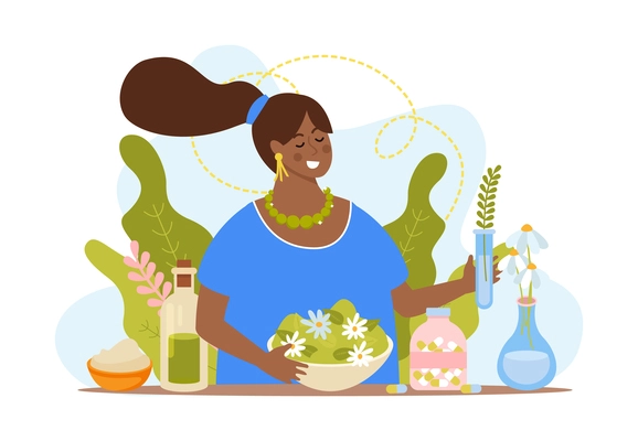 Herbal medicine flat concept with funny black woman surrounded by plants and medicines made from natural ingredients vector illustration