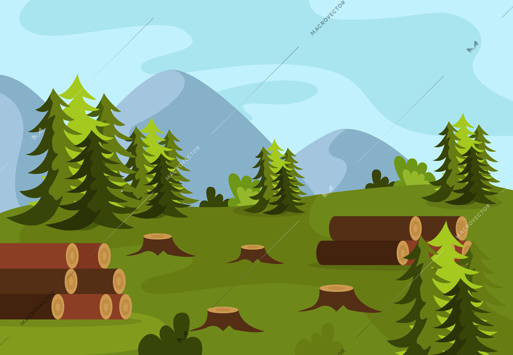 Renewable and nonrenewable resources flat background with fragment of softwood forest with felled trees and stacked trunks vector illustration