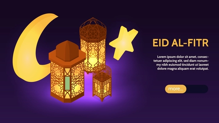 Eid al fitr horizontal colored banner    representing end of ramadan month long fast from dawn to dusk isometric vector  illustration