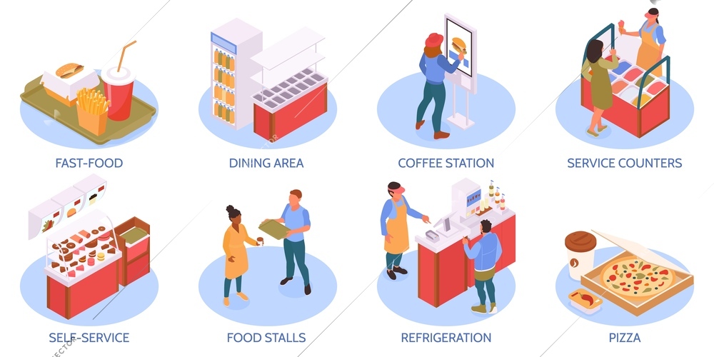Food court isometric compositions set with food stalls isolated vector illustration