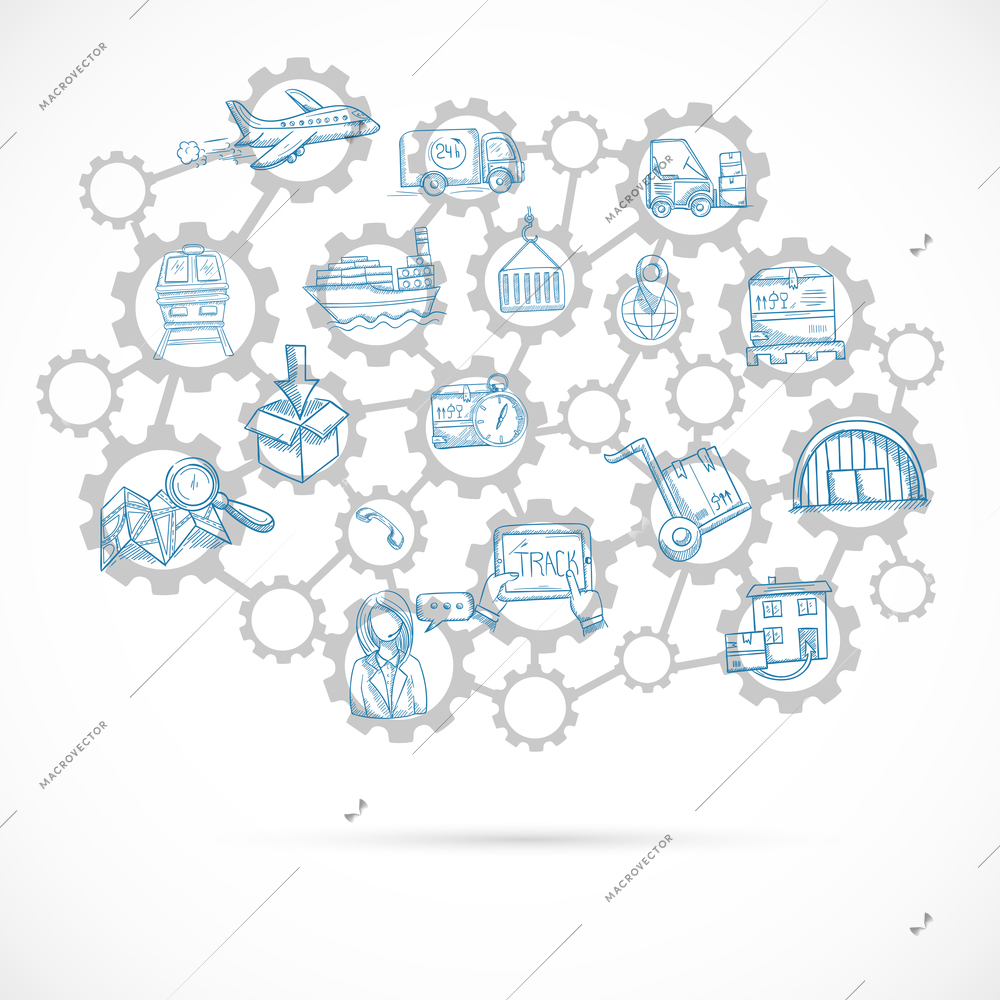 Delivery concept sketch with shipping and distribution icons connected with gears vector illustration