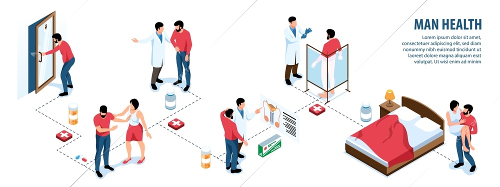 Isometric infographics with man having reproductive health problems consulting andrologist 3d vector illustration