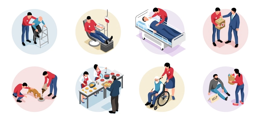 Volunteering isometric set of compositions with people helping animals disabled people feeding needy donating blood 3d isolated vector illustration